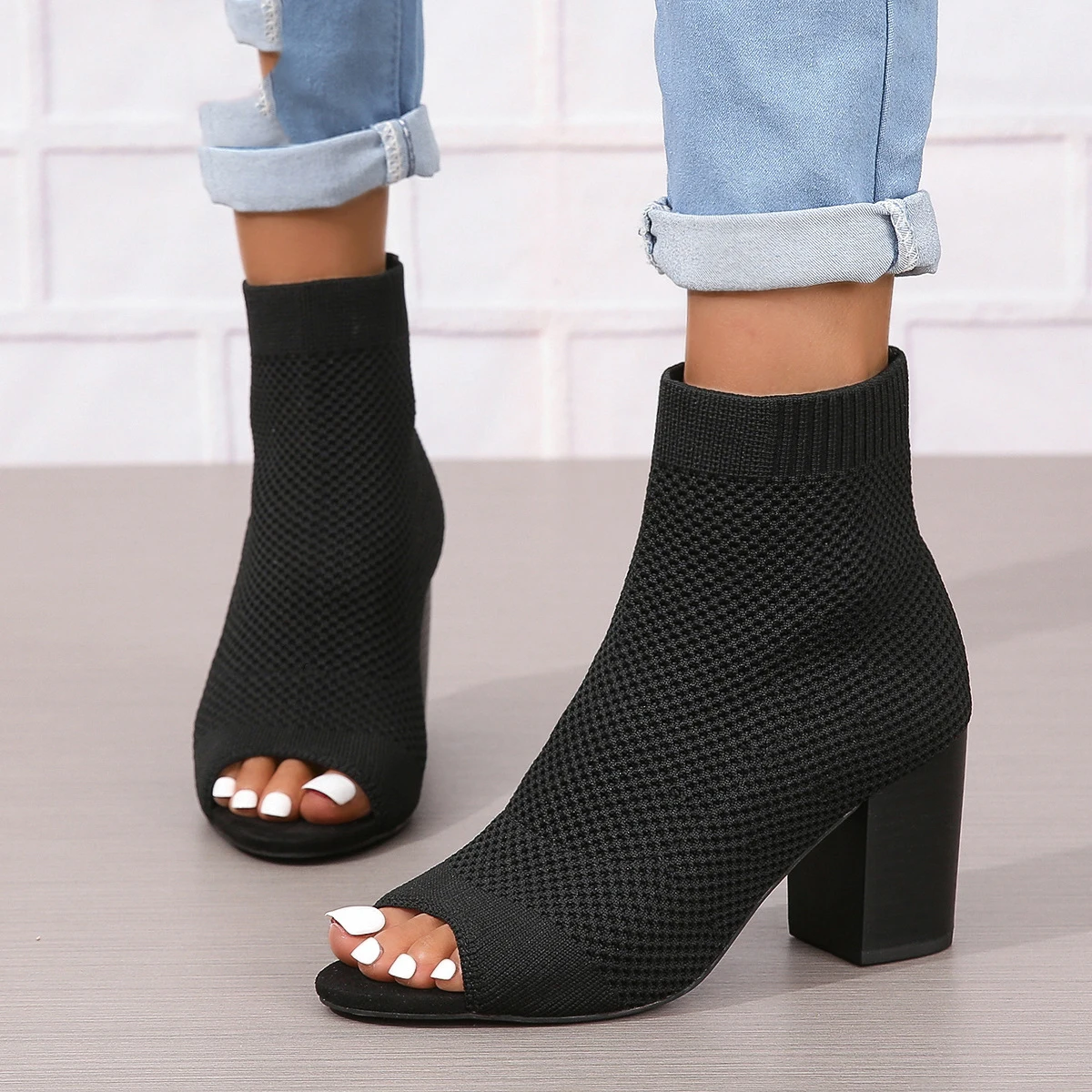 Fashion Peep Toe Black Fabric Knitting Ankle Socks Boots Small Hole Hollow Out Women Metal High Heels Party Dance Shoes Size 42