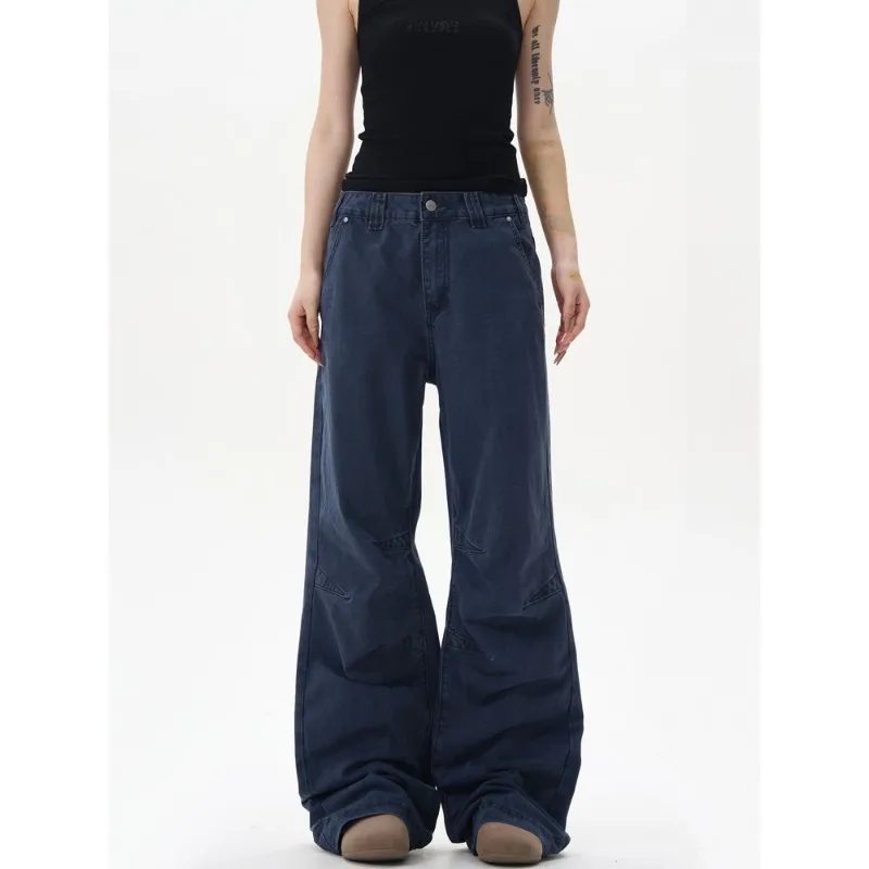 Retro Split Pleated Dark Straight Pants New Trendy Brand Slightly Stretched Loose Wide-leg Casual Jeans