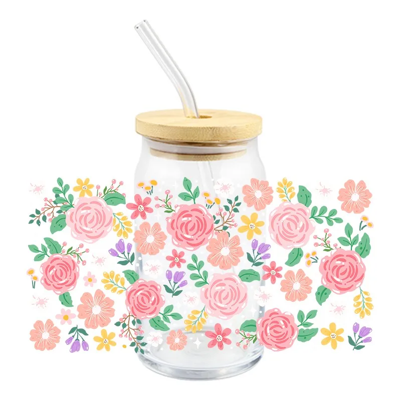 3D Flowers UV DTF Wraps Cup 16oz DIY Transfer Sticker Libbey Glass Mug Cup Hot Sale Waterproof Durable Decals Cartoon