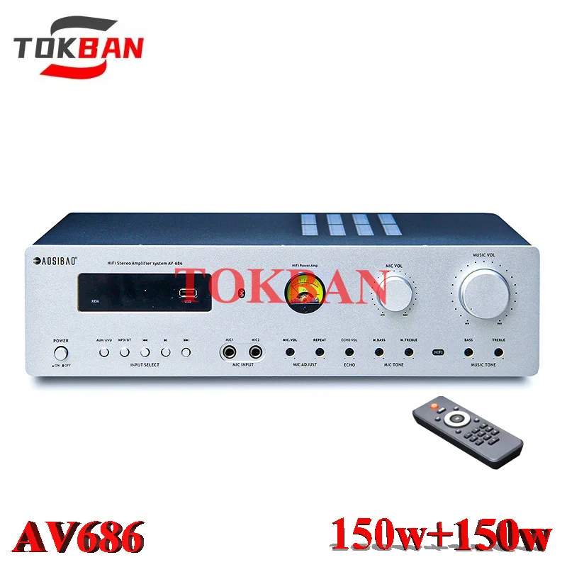 Tokban AV686 Power Amplifier 150w*2 Karaoke Fiber Optic Coaxial Bluetooth 5.0 USB Vu Meter AV Amp HIFI Amplifier Audio