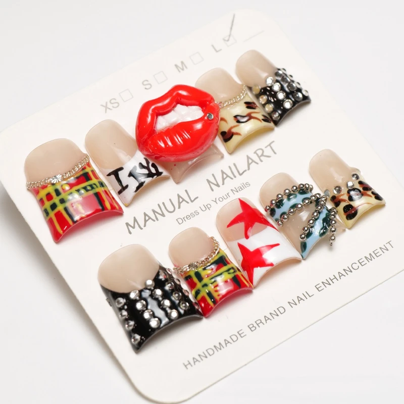 10 Uds uñas cortas de pico de pato labios rojos remache a cuadros estrella decorada puntas de uñas postizas