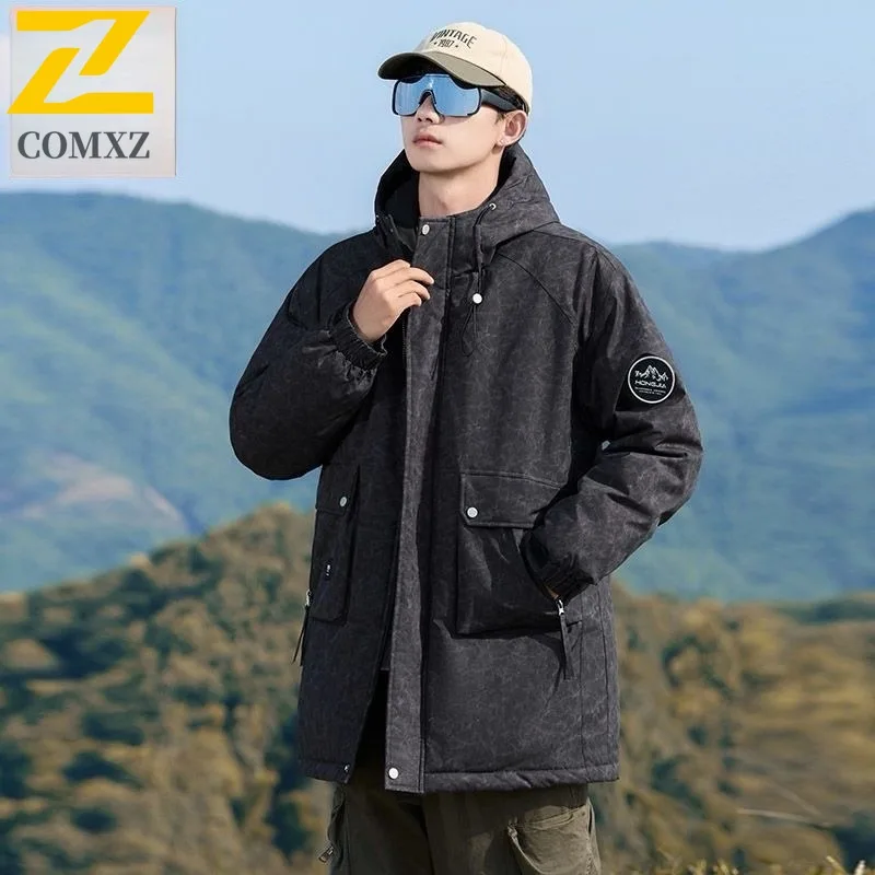

COMXZ Winter New Mid Length Big Size Down Jacket Men White Duck Down Plus Size XL Hooded Climbing Suit lightweight windbreaker