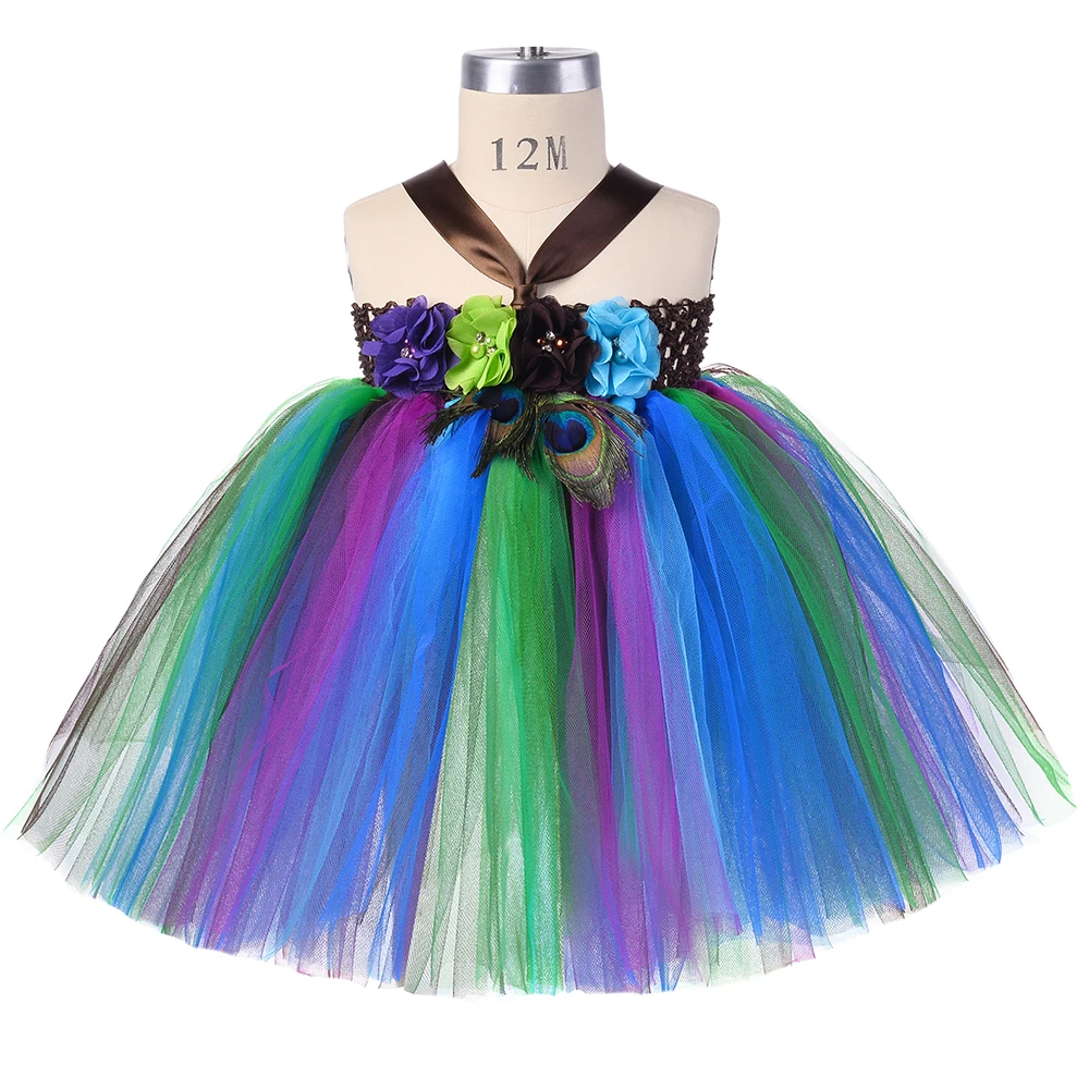 Flower Feathers Peacock Tutu Dress for Baby Girl 1st Birthday Party Clothes 1 Year Infant Toddler Girls Princess Costume Outfits