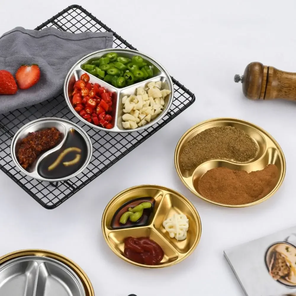 

NEW Stainless Steel Sauce Dishes 10/12/14cm Gold Silver Sauce Plate 2/3 Grids Sushi Dipping Seasoning Tray Home