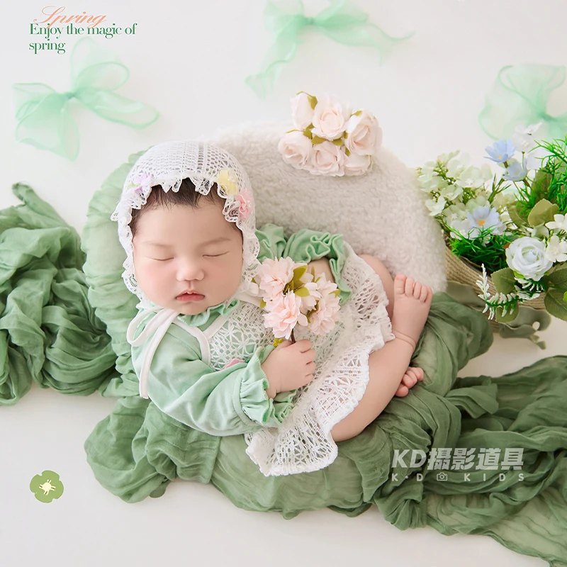 ヴィンテージグリーンのベビー写真撮影用衣装、レースボンネット付き、女の子用新生児写真撮影用小道具コスチューム、春の秘密の庭の写真撮影