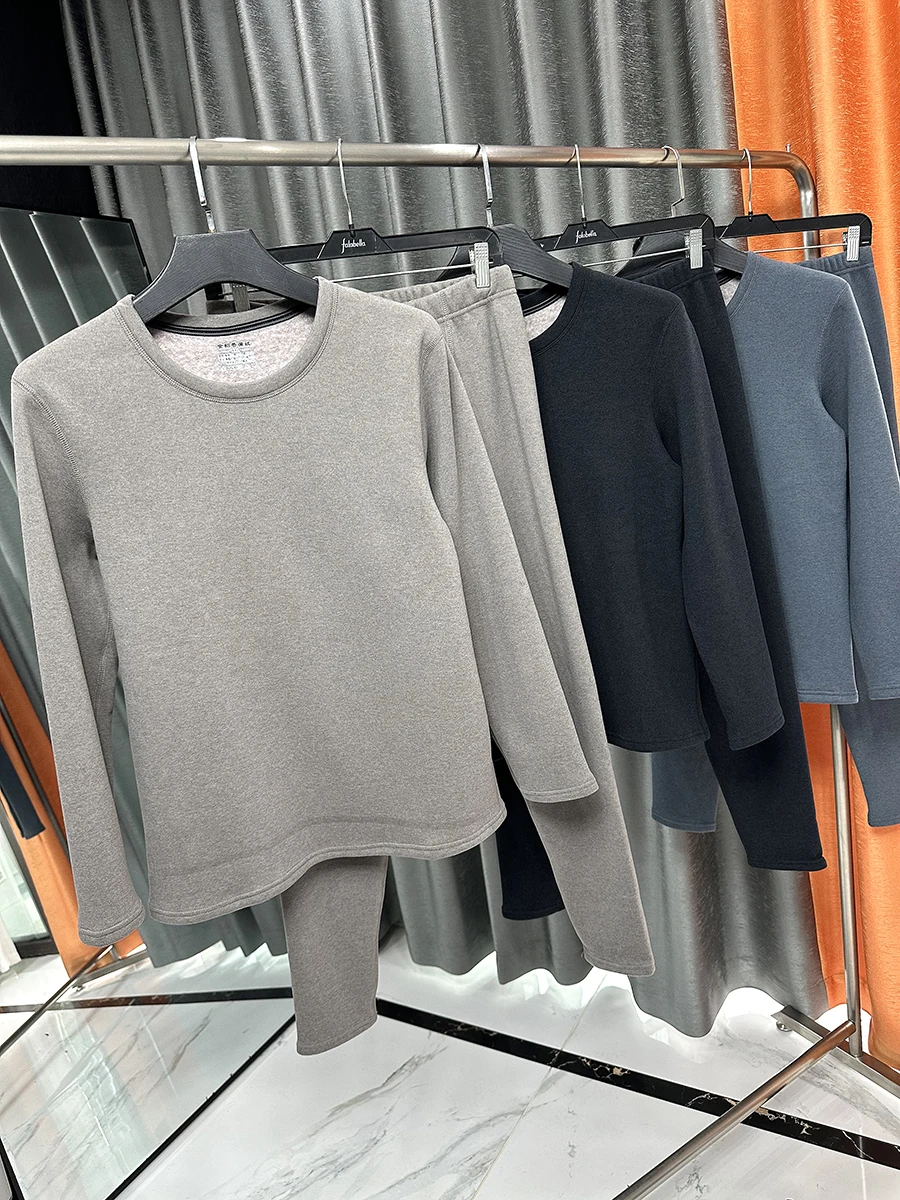 Thickened Fleece Warm Underwear Set for Men Comfortable round Neck Long Sleeve Long Pants Home Clothes Easy to Match