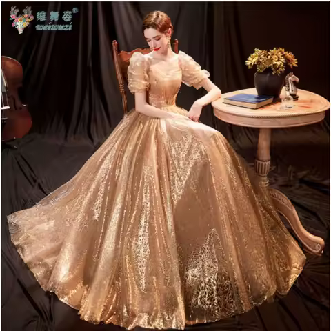 Gorgeous Golden Sparkling Evening Dress with Sweet Bubble Sleeves and Waist Cinching Formal Occasion Elegant Party Evening Dress