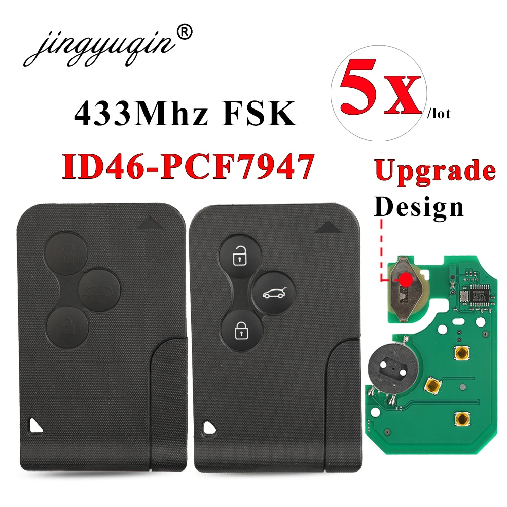 

jingyuqin 5pcs 3 Button 433Mhz ID46 PCF7947 Chip & Insert Small Blade Remote Smart Key Card for Renault Megane Scenic Grand