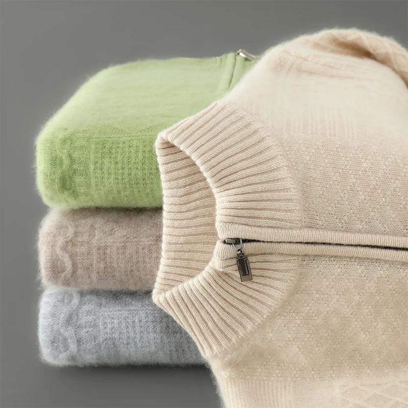 

Осень/зима, новый мужской свитер из 100% чистой шерсти с высоким воротником, повседневный вязаный деловой пуловер на молнии, утолщенный теплый длинный рукав