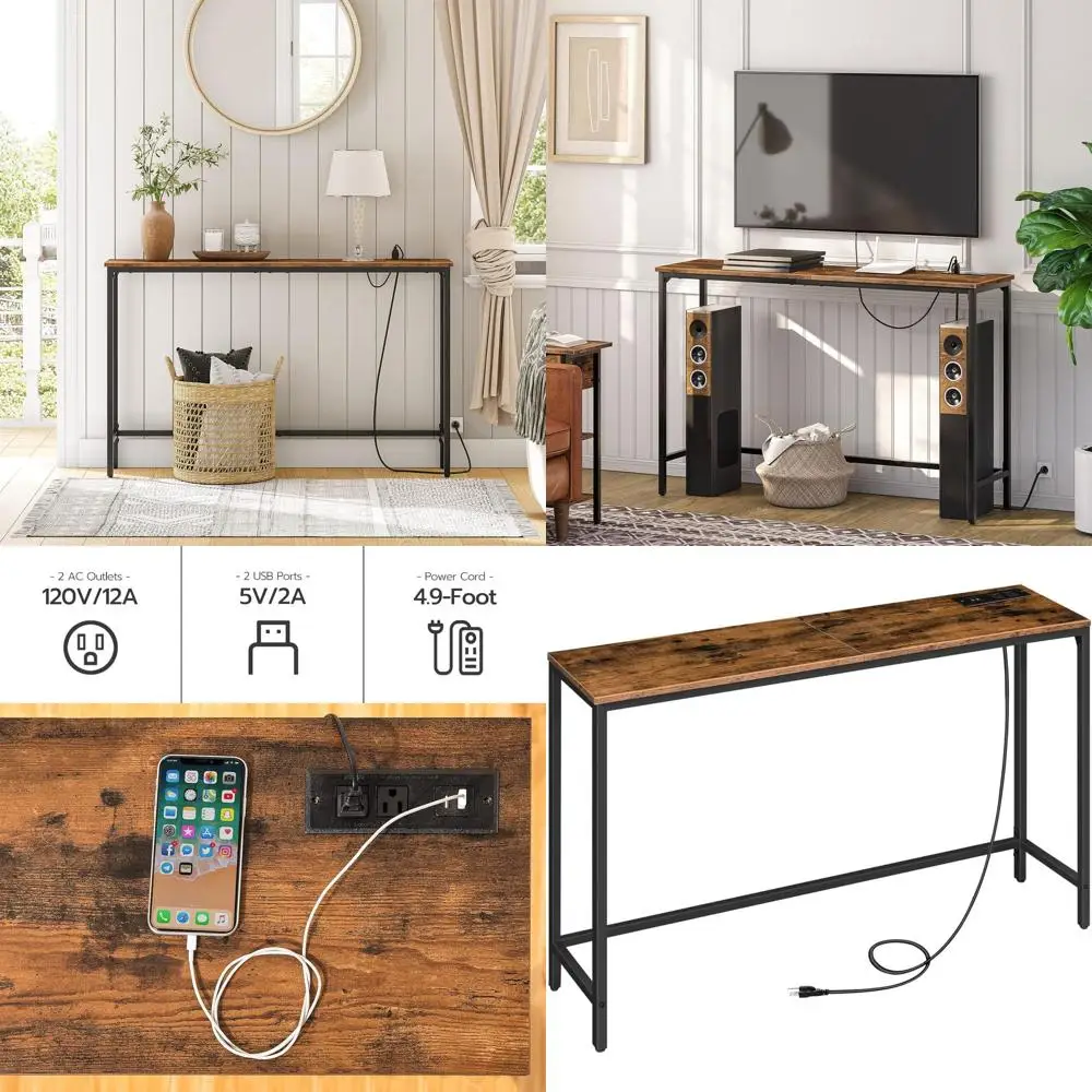 

47.2 Rustic Brown Console Table with Power & USB Charging for Entryway, Living Room, and Bedroom