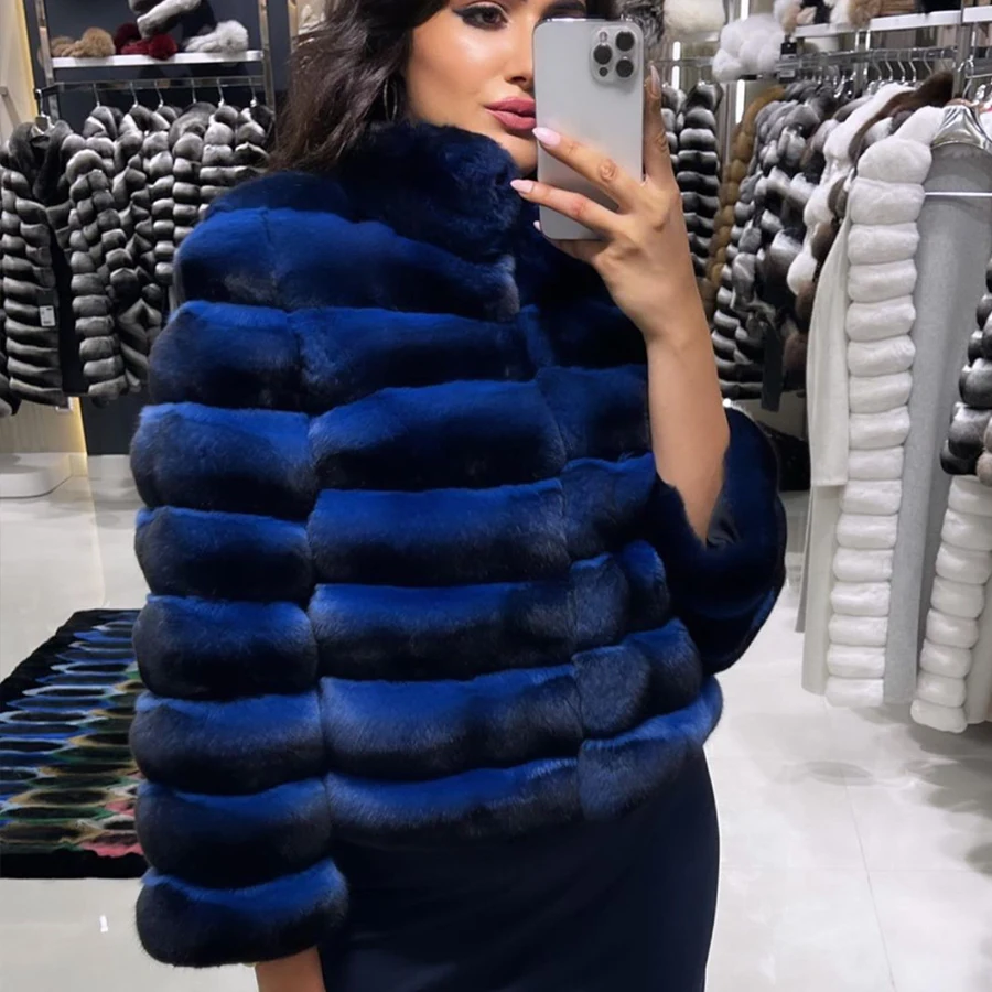 Real Fur Coat Women Luxury Chinchilla Colour Fur Coat Short Real Rex Rabbit Fur Coats For Women Warm Winter Best SellerReal Fur