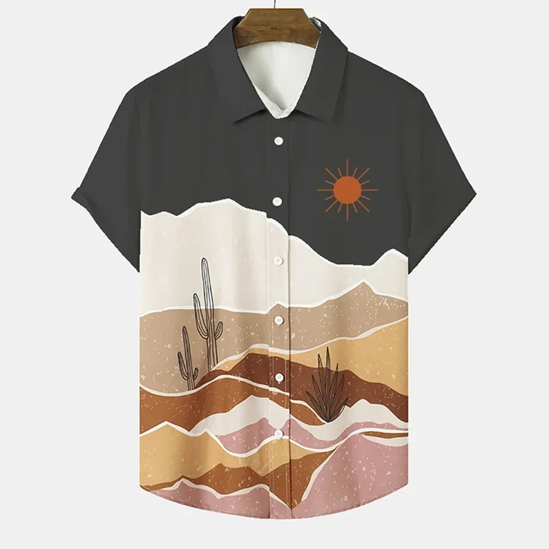 Men Boho Desert Mountain Cactus Sun Print Cuban Collar Short Sleeve Shirt Loose Button Up Summer Beach Vacation Casual Tops