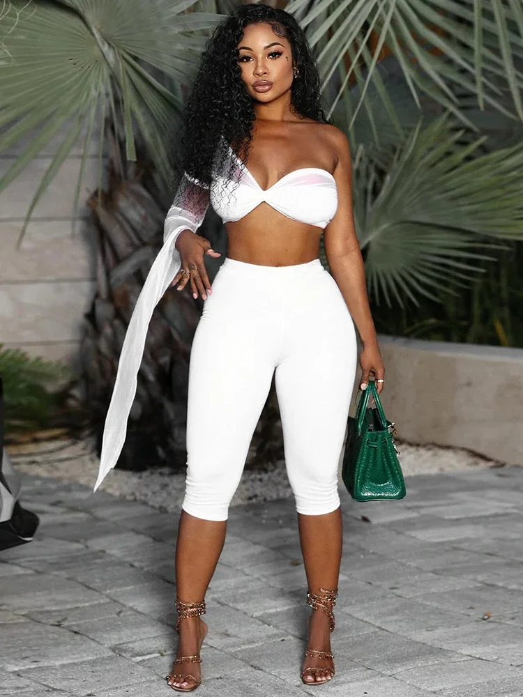 

Leosoxs Sexy Fashion 2 Piece Set Women Mesh Patchwork Single Sleeve Strapless Top+Skinny Shorts Hottie Street Hipster Outfits