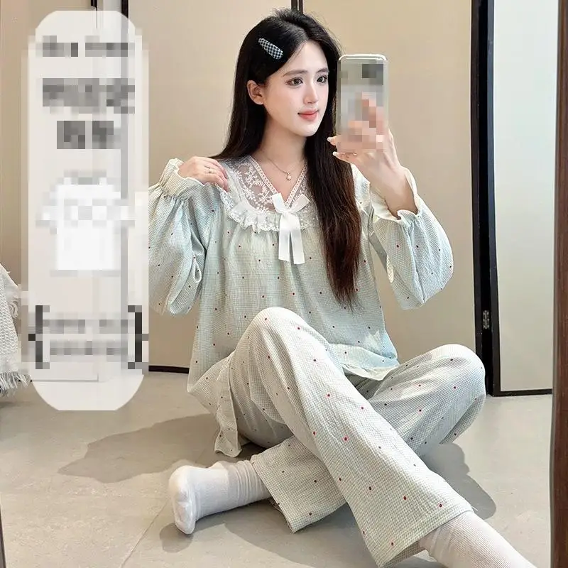 Women's Lace V-Neck Pullover Long Sleeved Long Pant Home Suit Set for Girls In Spring Autumn New Pajamas for Women Two-Piece Set