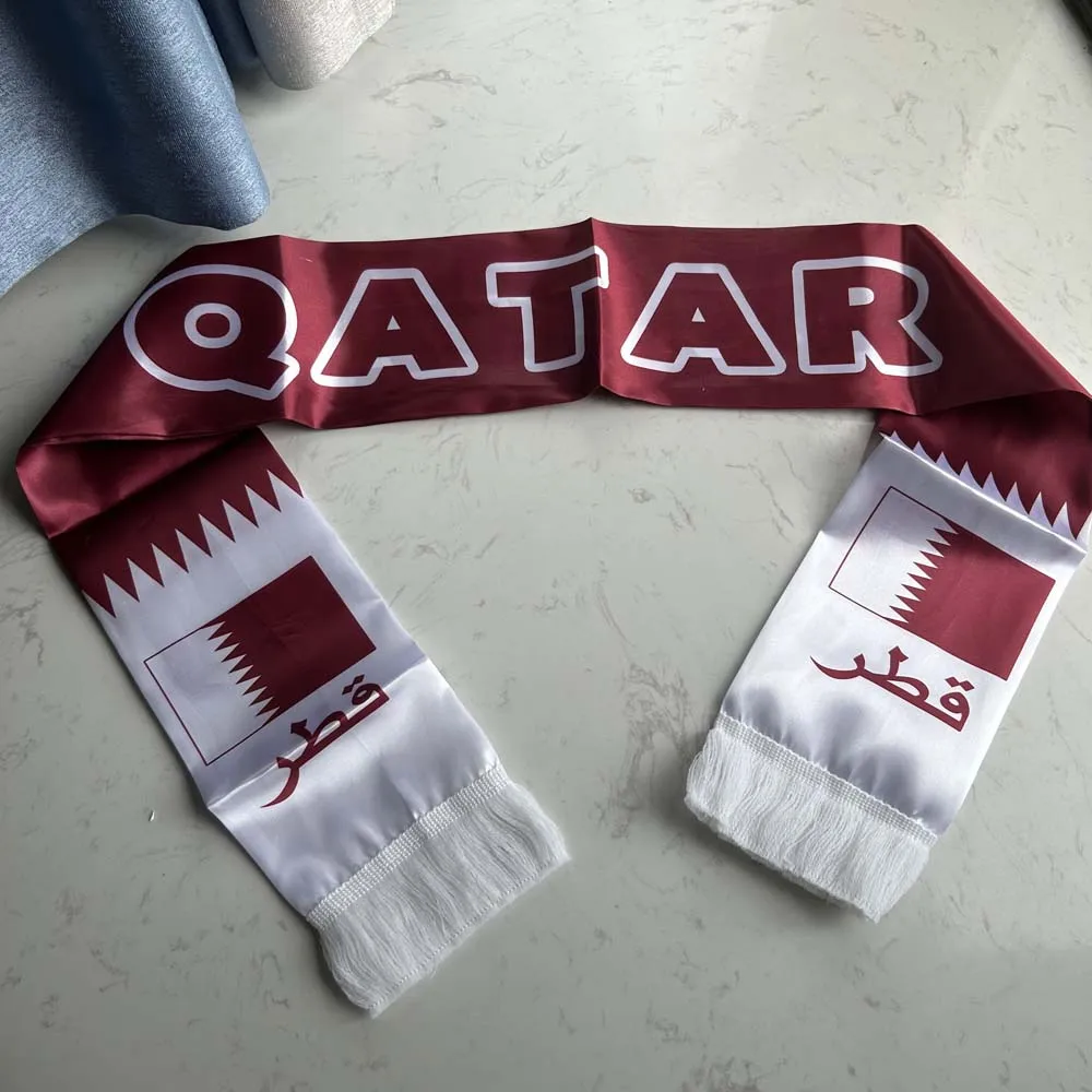 Qatar Scarf 12/14 X 135cm Double-sided Printed Satin Qatar Flag Scarf Tassels Suitable for 2026 Football Cup, Sports, Events
