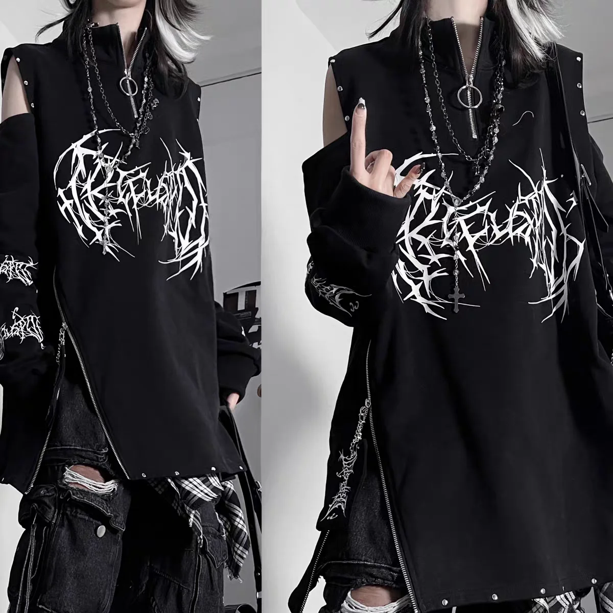 

Gothic Y2K Vintage Print Punk Tops Long-Sleeve Oversized Off-Shoulder Zipper T-Shirt with Stand-Up Collar Women's Shirt Grunge