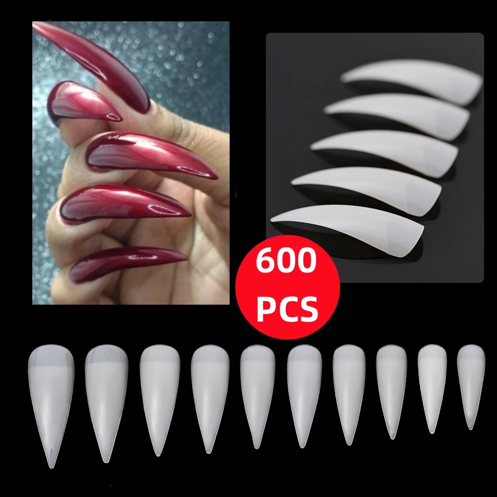 600Pcs/Lot Claw Shape Curved Fake Nails Art Tips Professional Salon Stiletto False Nail Press On Finger Nail Tools Clear/Natural