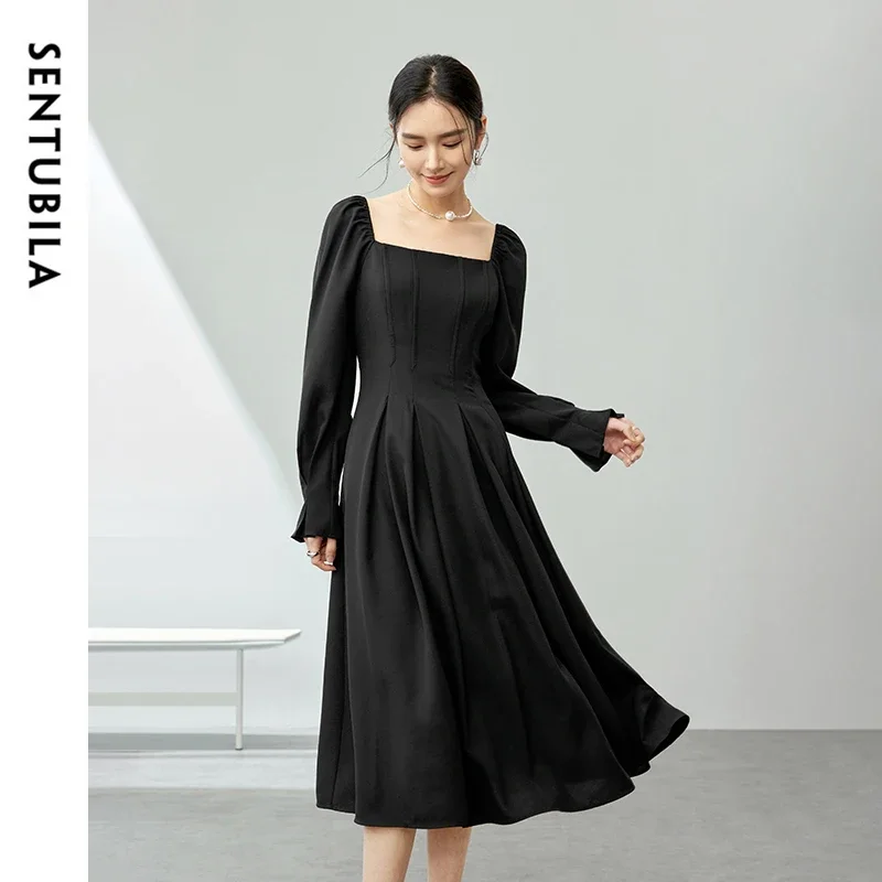 

SENTUBILA French Style Pleated Dresses for Women 2025 Autumn Fall Petal Sleeve Square Collar Elegant Lady Midi Dress 143L57864X