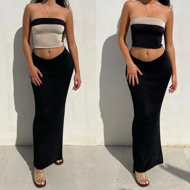 

2023 Summer Women Set Sexy High Street Costume Fashion Women Street Costume Wrap Chest Sexy Short Top Split Half Skirt