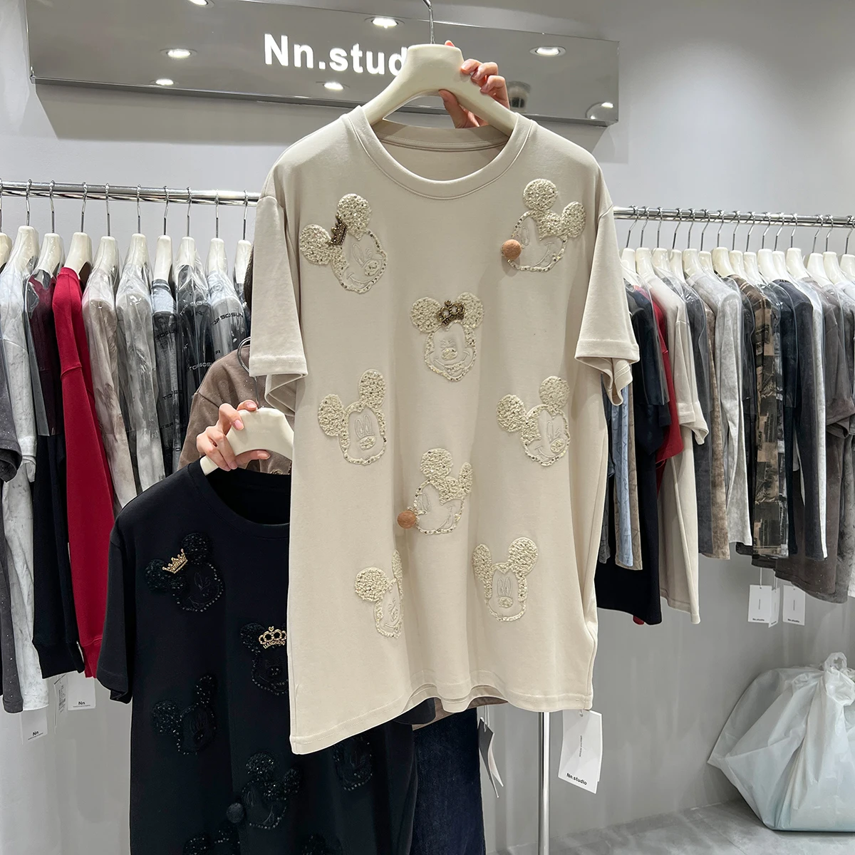 Cartoon Mid-length Round Neck Half-sleeved Top 2024 Autumn New European Goods Loose Fashion 3d Decoration Cotton T-shirt Female