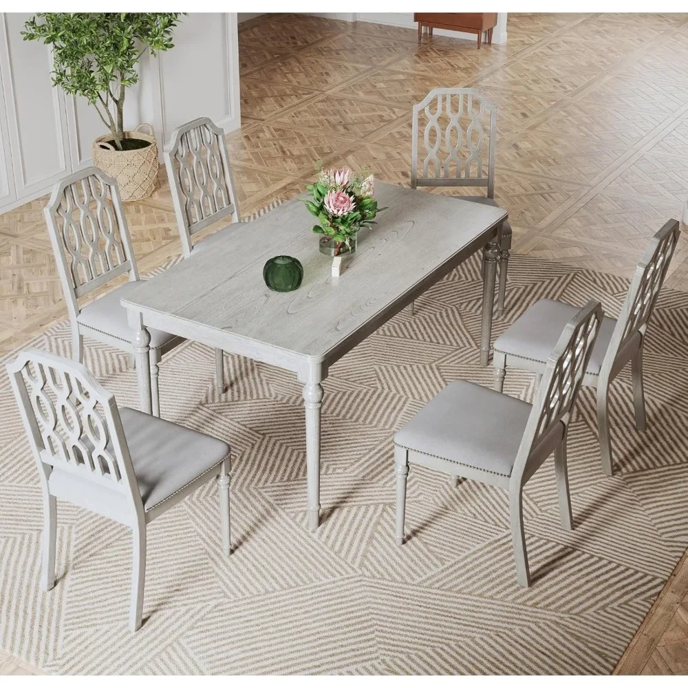 مجموعة من 4 كراسي لتناول الطعام في المزرعة على الطراز الريفي الفرنسي مع ظهور شبكي خشبي ومقاعد منجدة وزخرفة رأس الأظافر