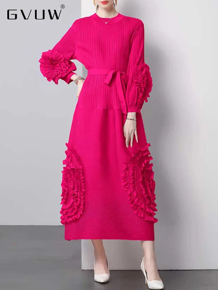 GVUW Pleated Appliqeus Long Dresses Women A Line Elegant Round Collar Full Sleeve Solid Color Lace-up New 2024 Dress 17G8220