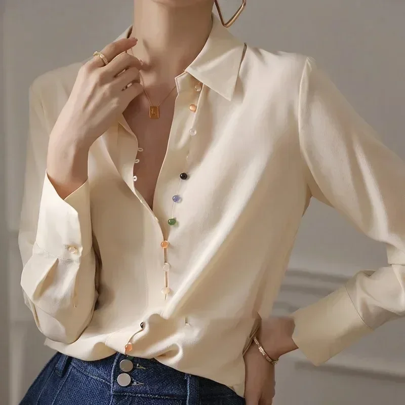 Satin Silk Shirt for Women, Colorful Button Up Shirt, Chic Vintage Blouse, Elegant and Casual, White Tops, 2024 Spring New 18834