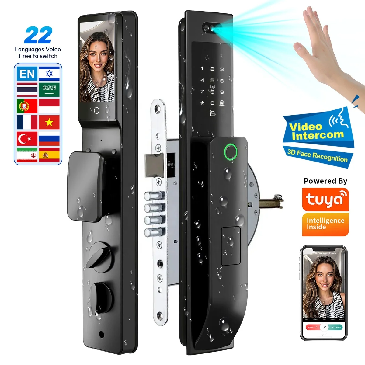 Waterproof Smart Door Lock With Camera Video Intercom, Palm Recognition, Compatible With Tuya WiFi App & Remote Control