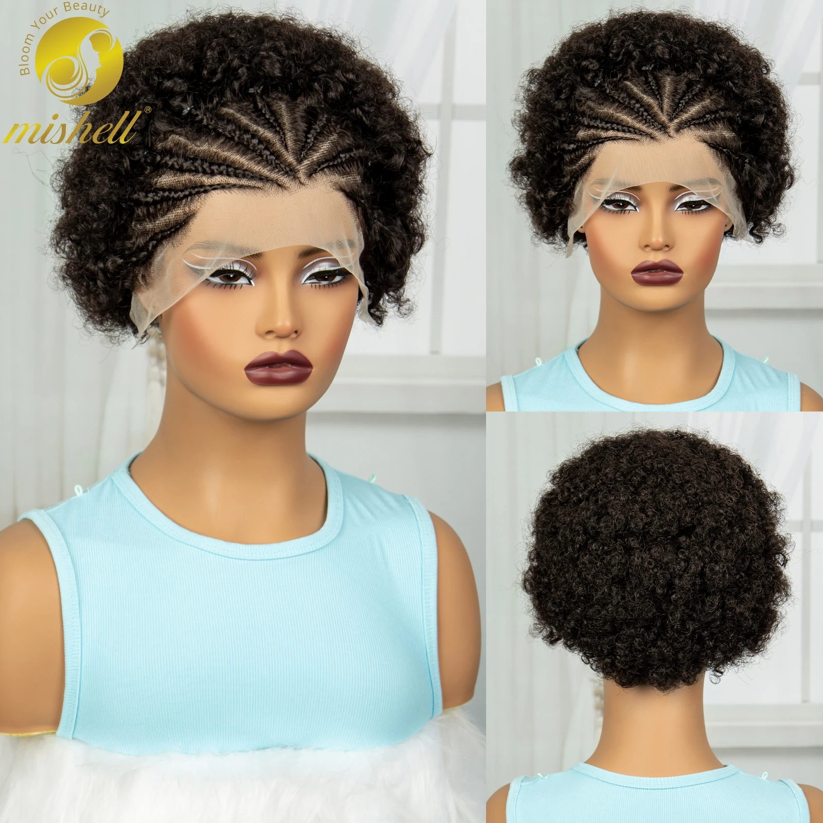 

250% Density 6 inch 13x4 HD Transparent Lace Afro Kinky Curly Human Hair Wigs with Braids Short Bouncy Curly Bob Wig for Women