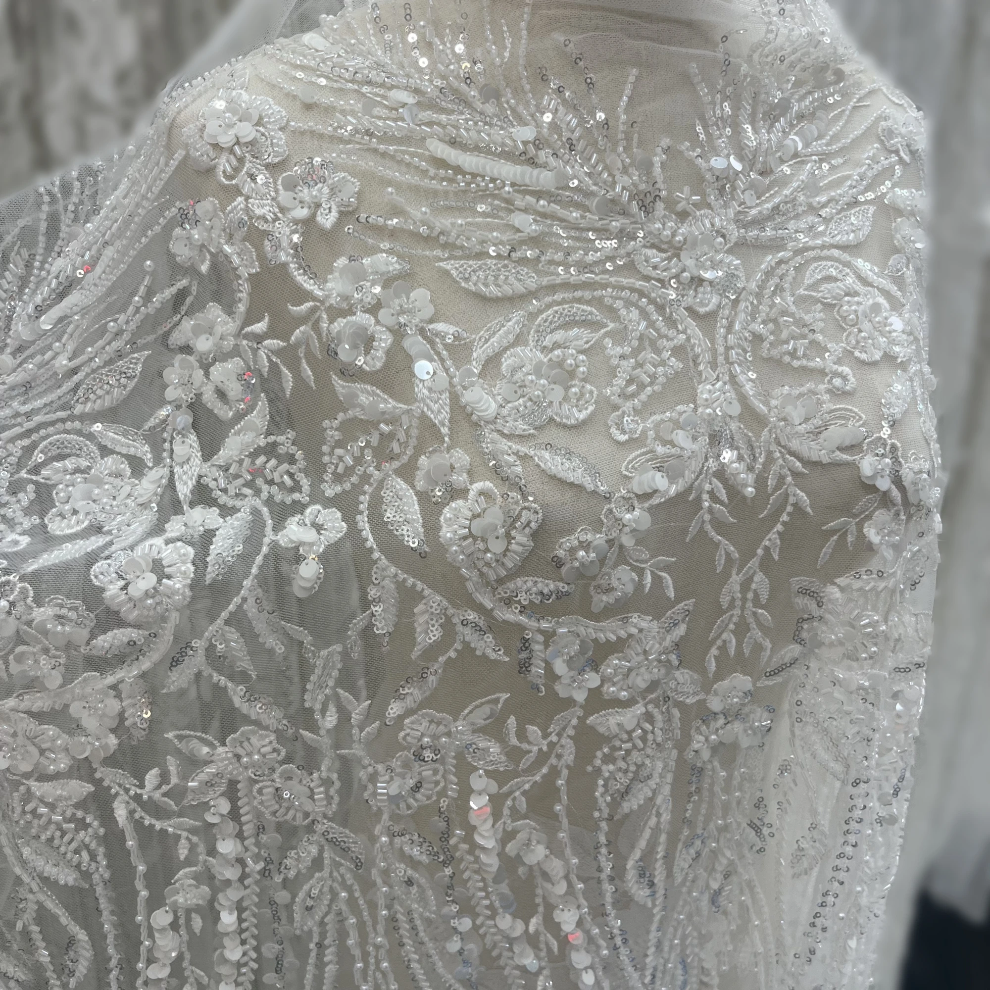 Exquisite High-Grade Multi-Size Beads Pearl Sequins Lace Fabric Private Customized Wedding Dress Fabrics