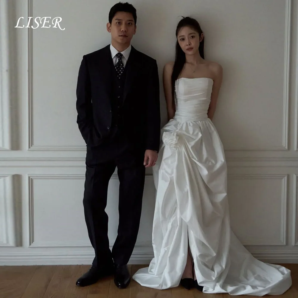 Liser Strapless Korea A-Line Wedding Dresses 웨딩드레스 Satin Silk Ivory Elegant Customized Pretty Long Bridal Gowns Plus Size