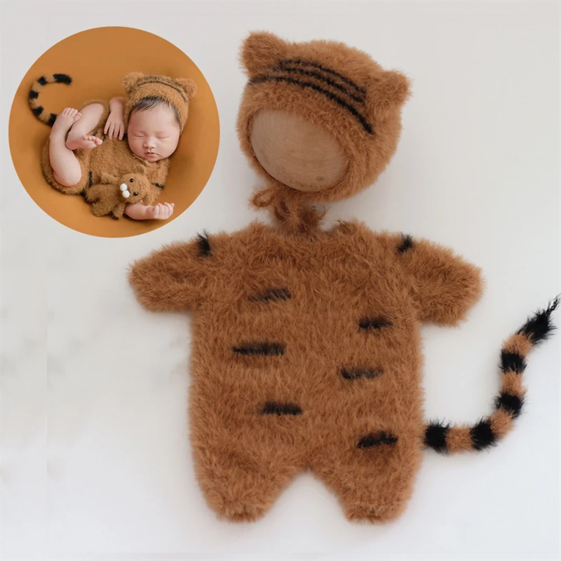 Furry Tiger Rompers Cute Animal Footed Jumpsuit Hat Tail 3pcs Sets Mink Hair Infant Boy Girl Photo Clothing Costumes Photo Props