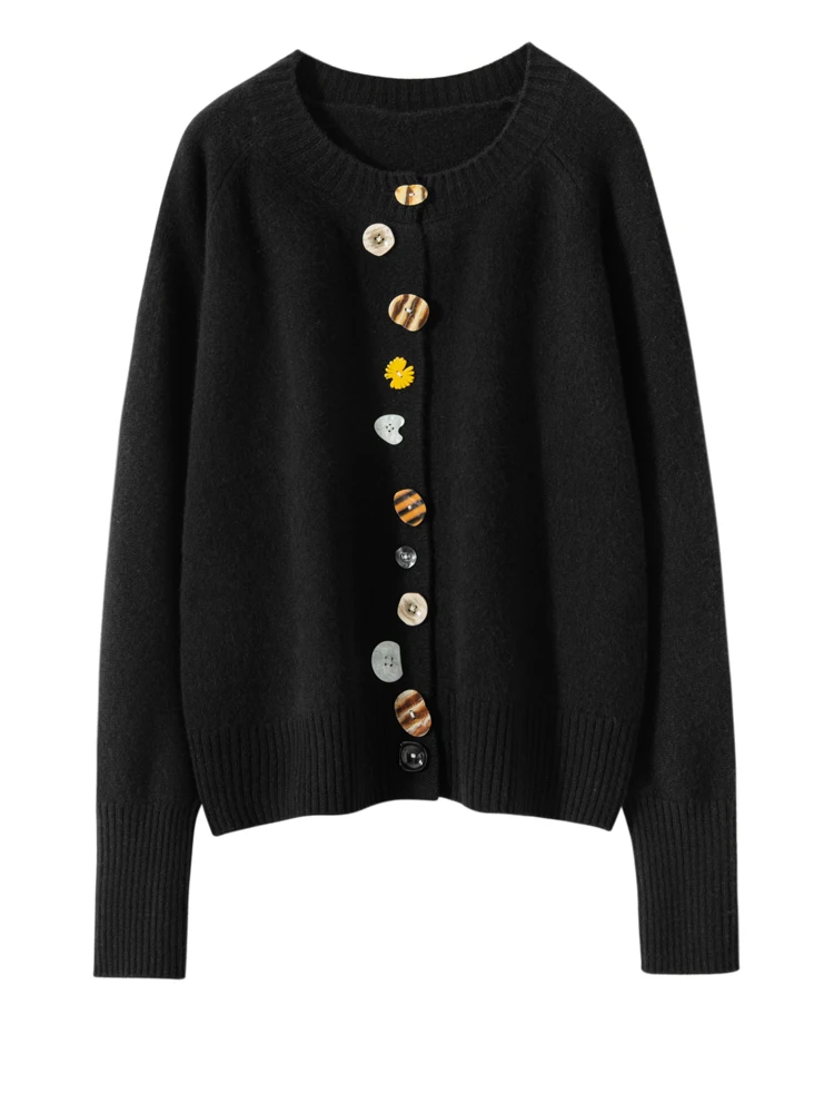 2024 New Spring Autumn Women Sweater O-neck French Style Colorful Buttons Cardigan 100% Cashmere Knitwear Korean Popular Cloth