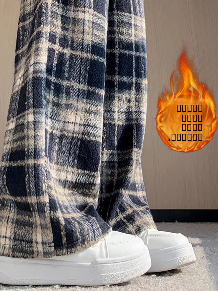 

Теплые брюки-палаццо с меховой подкладкой, в клетку, с высокой талией, прямого кроя, в пол, в корейском стиле, для повседневной носки, женские брюки