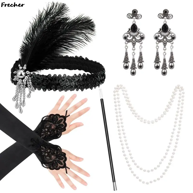 

1920S Opera Ladies Flapper Costume Black Fashion Fancy Dress Set Great Performance Suit Women Headpiece Gloves Jewelry
