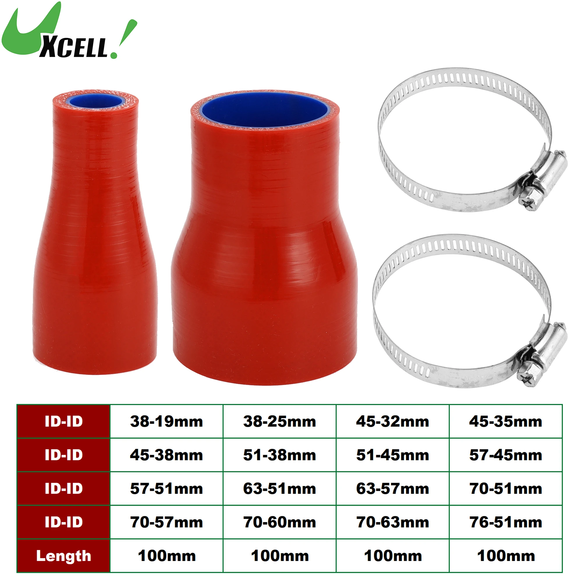 

UXCELL 38-25mm 45-32mm 45-38mm 51-45mm 57-45mm 70-60mm ID 100mm Long 0 Degree Car Silicone Coolant Hose w/ Clamps