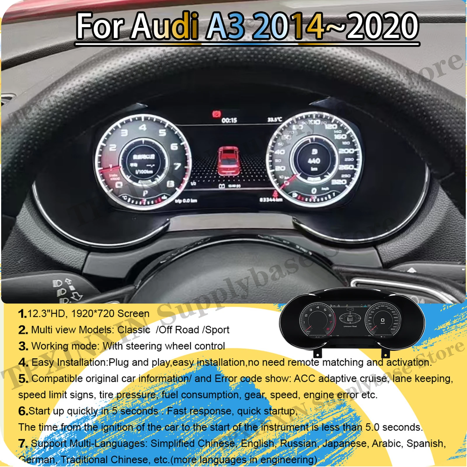 

Best Seller 12.3 Inch Linux system For Audi A3 2014~2020 Display Dashboard Speed Table Car Virtual Digital Instrument Cluster