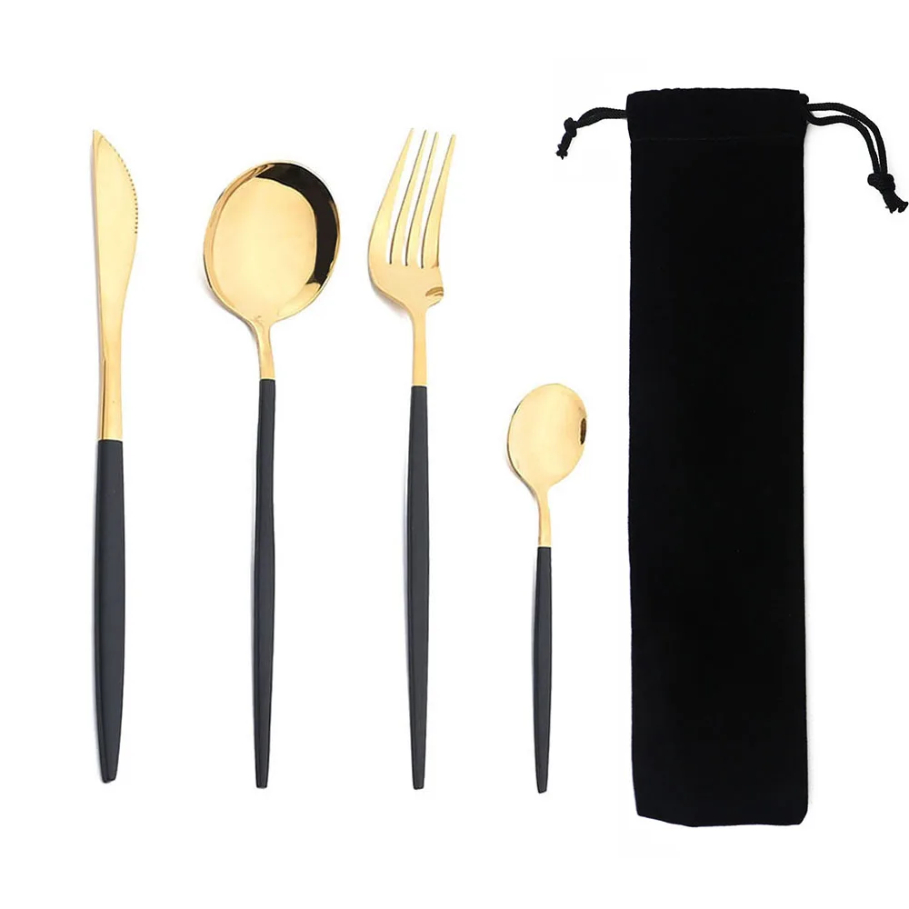 Portable 4Pcs Dinnerware Set Stainless Steel Tableware Cutlery Western Knife Fork TeaSpoon Kitchen Dinner Flatware Set with Bag