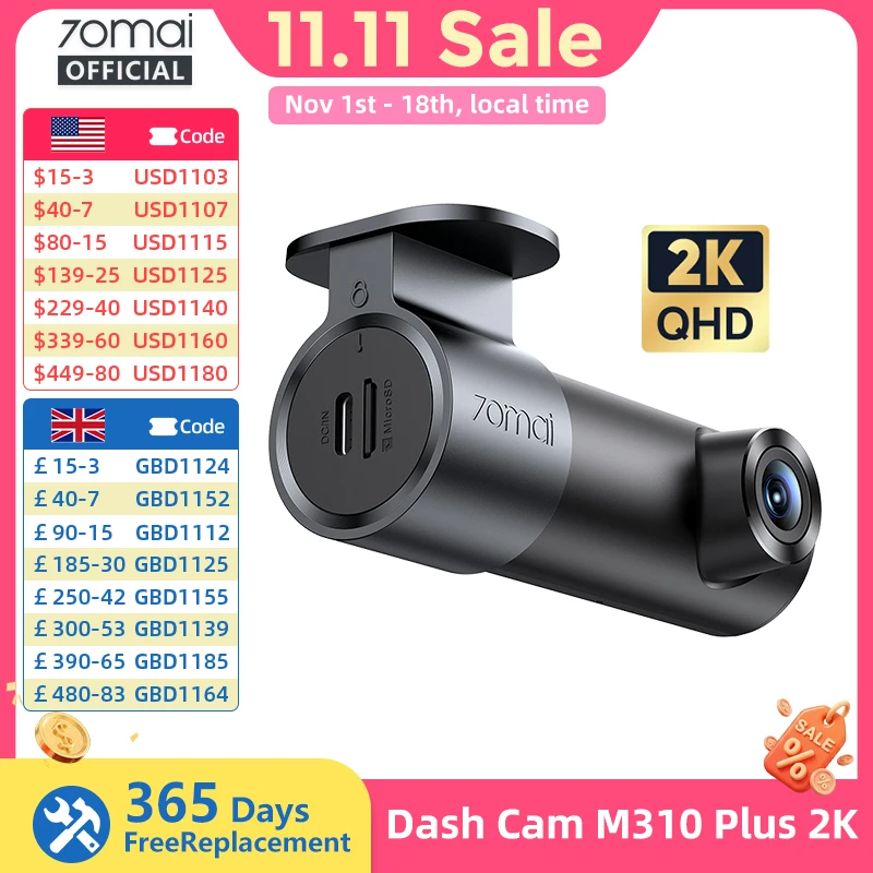 70mai Dash Cam M310 Plus 2K English Voice Control 1440P WDR Night Vision 24H Parking Surveillance 70mai M310 2K Car DVR Wi-Fi 6