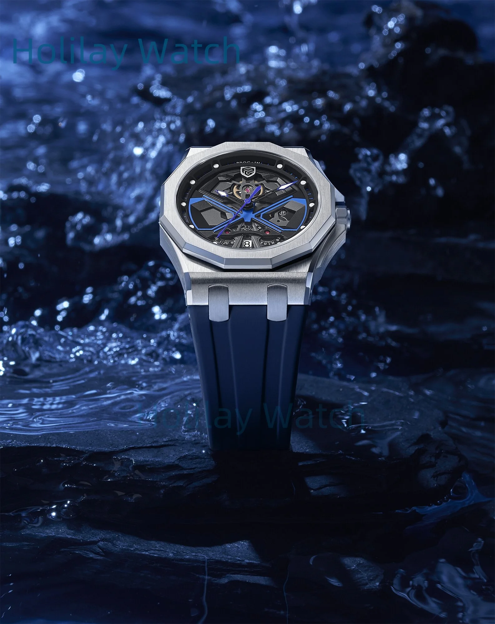 Orologio da uomo scavato Orologio meccanico automatico Cinturino in caucciù Orologio NH35 Orologi in vetro zaffiro impermeabili 10ATM