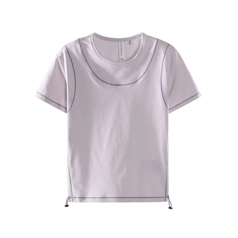QICHE Women Moisture Wicking Quick Dry Slim Short T-Shirt Contrast Stitch Seam Shoulder Y2K Sports Short Sleeve Casual Crop Top