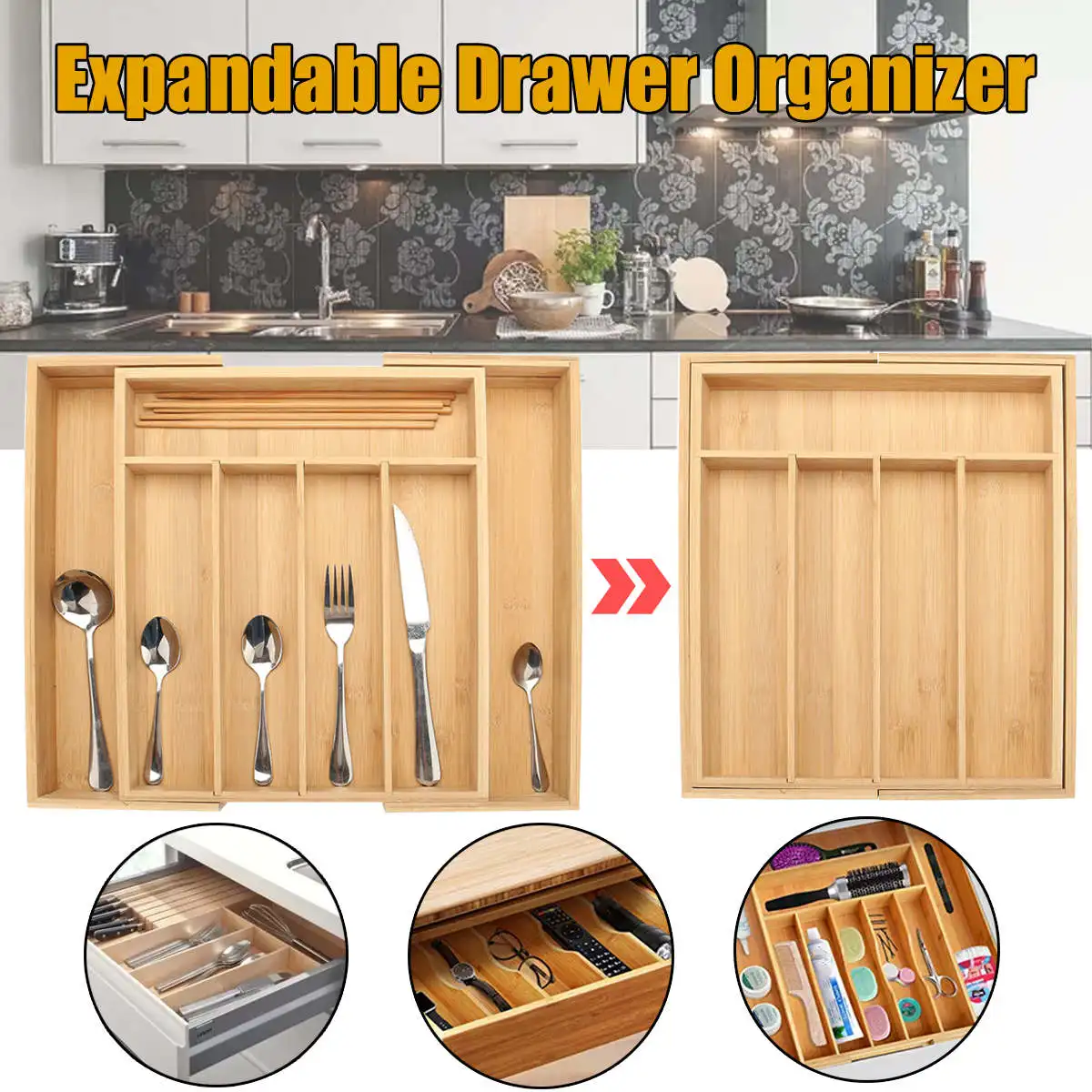 Bamboo Drawer Organizer Drawer Kitchen Cutlery Tray Expandable Utensil Flatware Storage