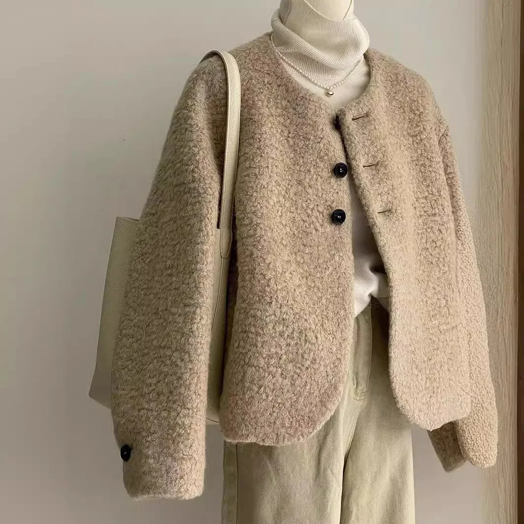 Korean Style Women's Cropped Jacket Spring Autumn Winter Lambswool Milk Tweed Style Age-reducing Petite Milk Tan Top