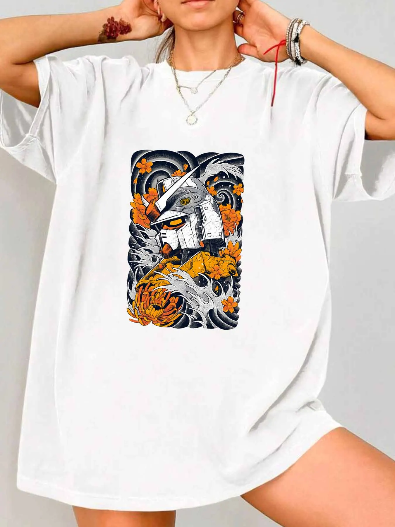 

【10110198】Cartoon pattern Round neck plus size women's T-shirt short sleeve trend printing elastic half sleeve T-shirt