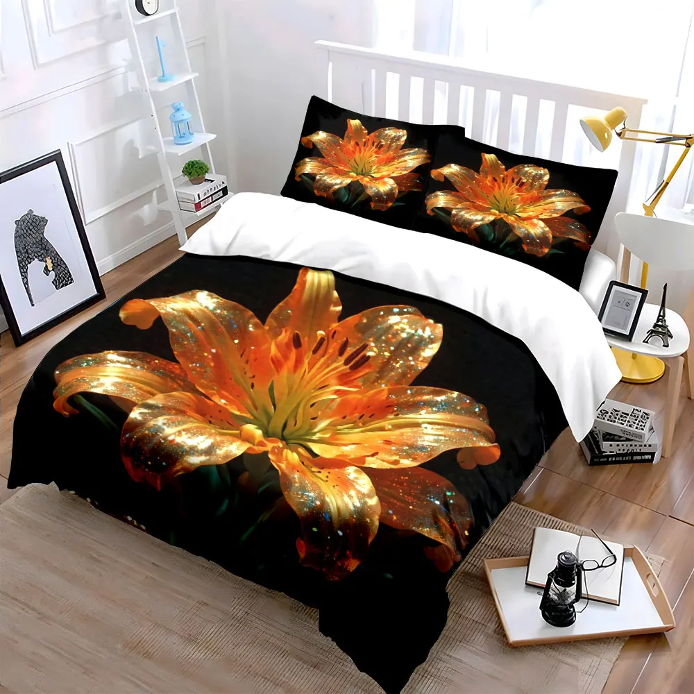Glittering Floral Decorative Set Soft Skin-Friendly Bedding Set Includes 1 Duvet Cover And 2 Pillowcase, Gift