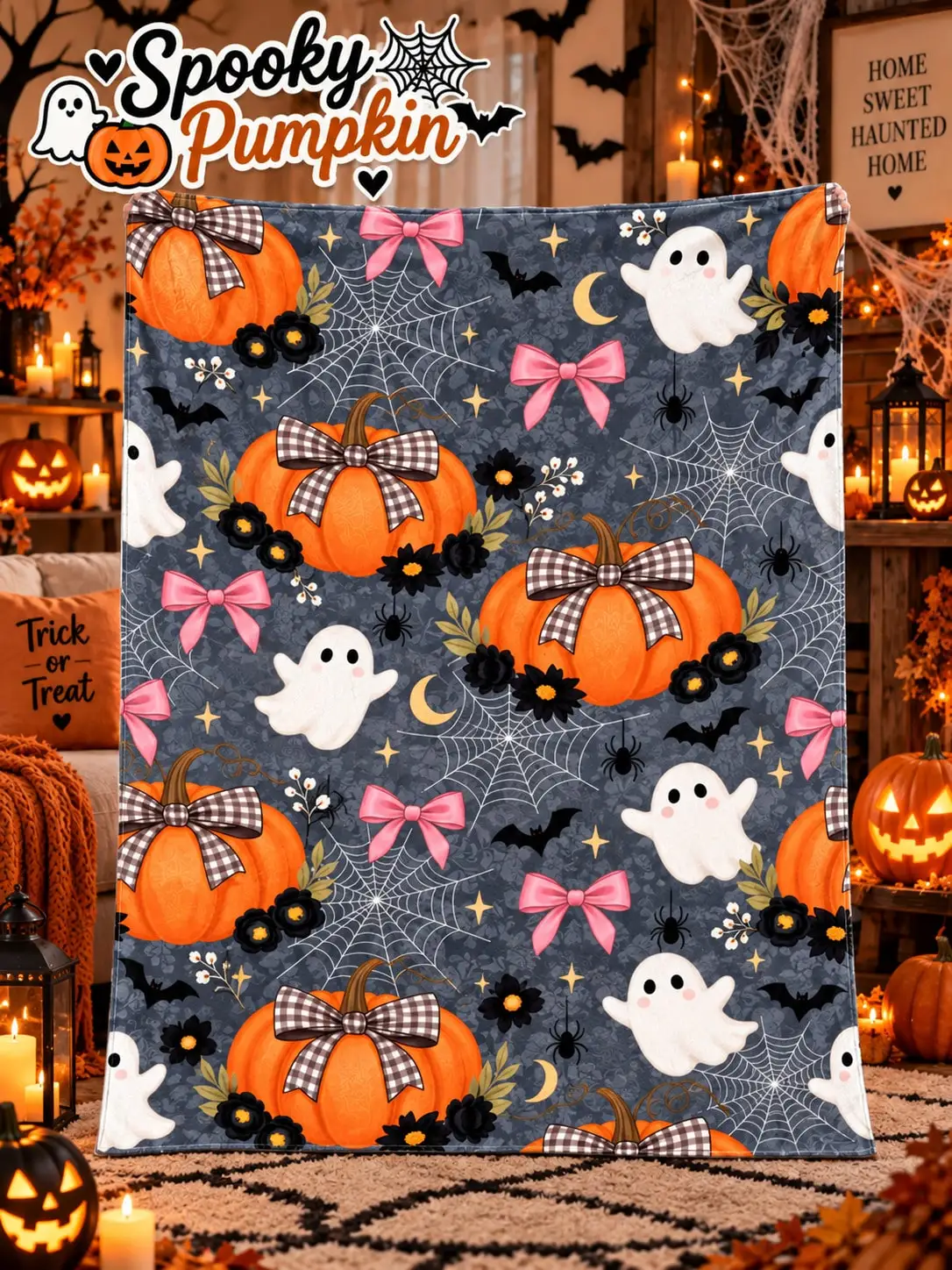 Halloween Flannel Blankets & Throws Pumpkin Ghost Bow Spider Web Sofa Bed Nap Cover Living Room Bedroom Reading Travel Camping Home Decor Anniversary Birthday Gift for Women Men Mom Dad Grandma Grandpa Wife Husband Family Friends Movie Night Den