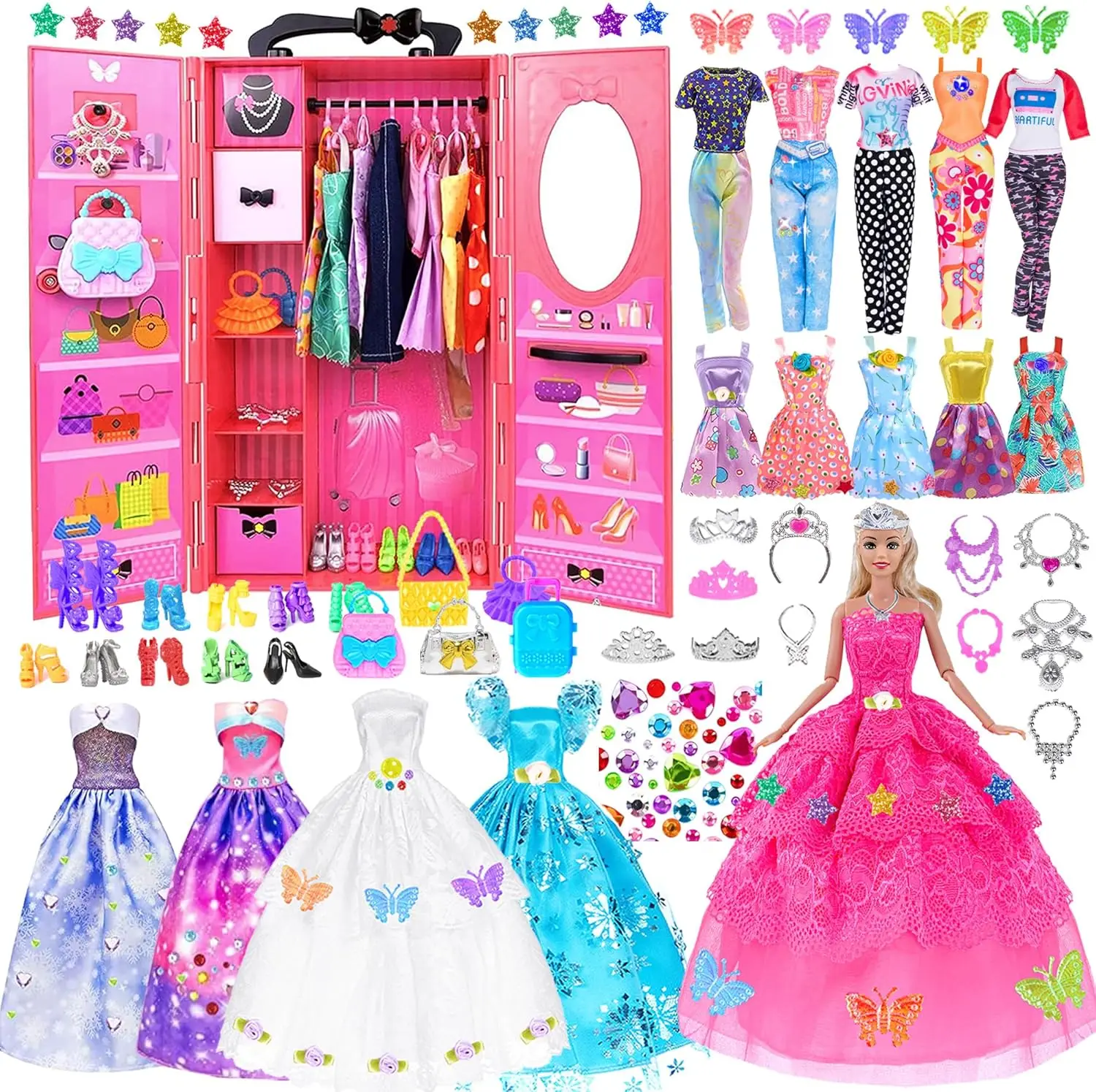 

140pcs 11.5 Inch Doll and Closet Include Wardrobe, Doll, Wedding Dress, Shoes, Necklace, Bags and More for Doll (One Doll)