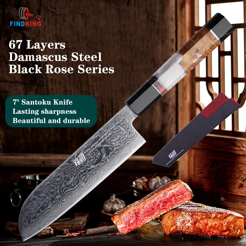 

FINDKING Knife New! Black Rose Series Resin Rose Pattern Kitchen Knives AUS 10 Damascus Steel Japanese 7 inch Santoku Chef Knife