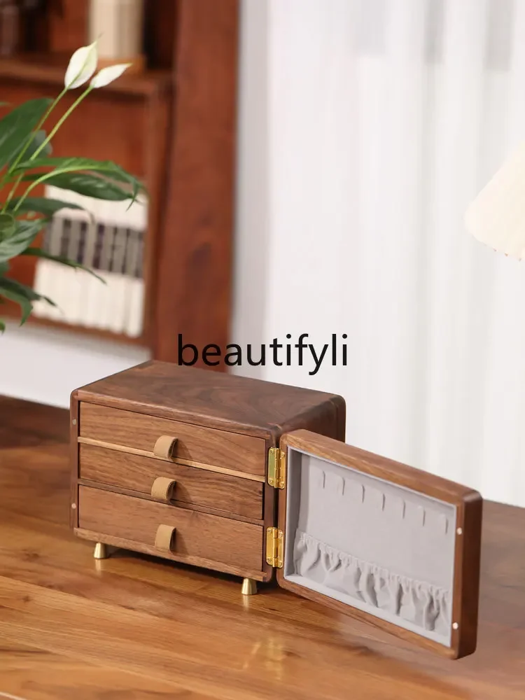 Flannel large-capacity double-layer black walnut household necklace hand jewelry storage box