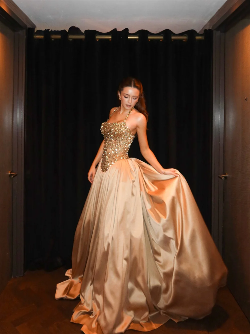 Cathy Customized Champagne Luxury Rhinestones Prom Dress Halter Neck vestidos de noiva Floor-length Sleeveless Evening Dresses image 6